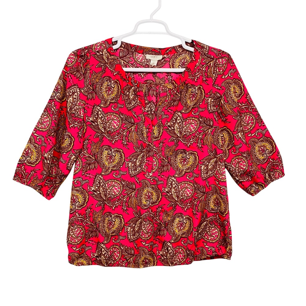 LOFT Womens Pink Paisley Floral‎ 3/4 Sleeve Split Neck Blouse Top Size L